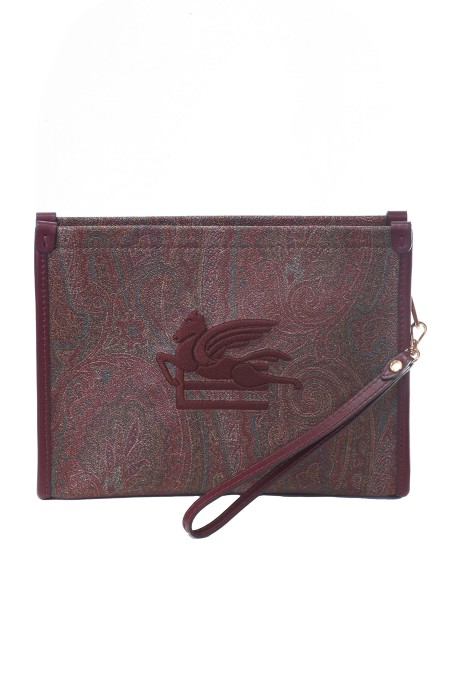 Shop ETRO  Bag: Etro large envelope, made in the iconic Paisley jacquard fabric and characterized by the ETRO Pegaso logo embroidered in thread with a three-dimensional effect. Removable wrist strap.
Dimensions: 30 x 20 x 5cm.
Exterior: Paisley jacquard cotton fabric coated with matte grain and doubled in canvas.
Finishes: 100% calf leather.
Inside: 100% polyester.
Embroidery: 100% polyester.
Zip closure.
Internal patch pocket.
Removable wrist strap height (light) 18 cm.
Metallic accessories with golden finish.
Made in Italy.. 1H784 7567-0600